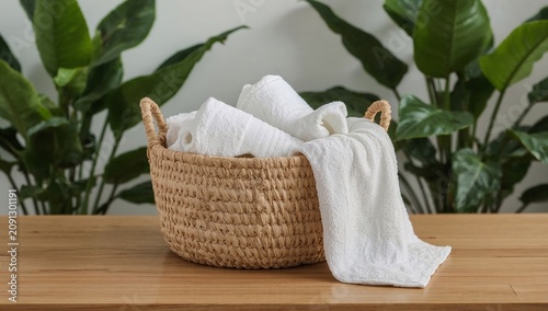 Basket With Towels Placed on Wooden Table in a Room With Green Plants