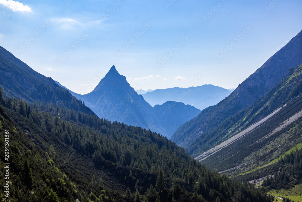 Fototapeta premium Mountain Valley Landscape with Dense Forest and Peaks, Italy, South Tyrol, Mittelber near Meran, 28 June 2026