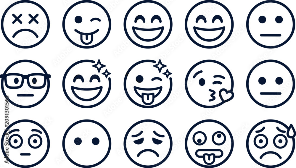 Fototapeta premium Black line emoji emoticon big collection set with various happy sad shocked nerdy dead and playful facial expressions isolated on white background vector
