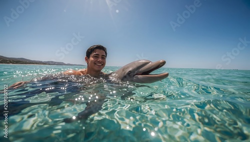 Young Person Swims With a Dolphin in Clear Water Under a Bright Sun in a Sunn...