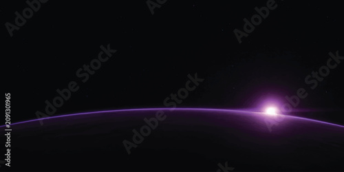 Fotografie Purple planet horizon with glowing sunrise in dark outer space science fiction u