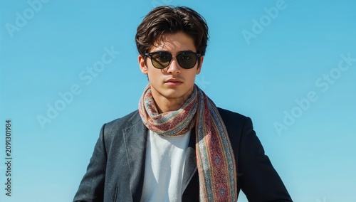 Young Man Poses Outdoors in Stylish Outfit With Sunglasses in Bright Weather