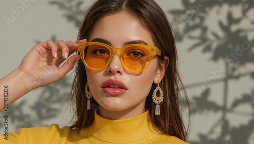 Model Wears Yellow Sunglasses and Earrings During a Photo Shoot in a Sunny Lo...