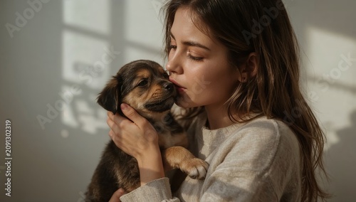 Woman Holds Puppy Close in a Room With Soft Light During Daytime