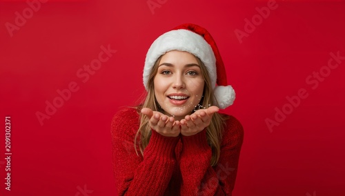 Young Woman in a Santa Hat Blowing Sparkles From Her Hands in Front of a Red ...