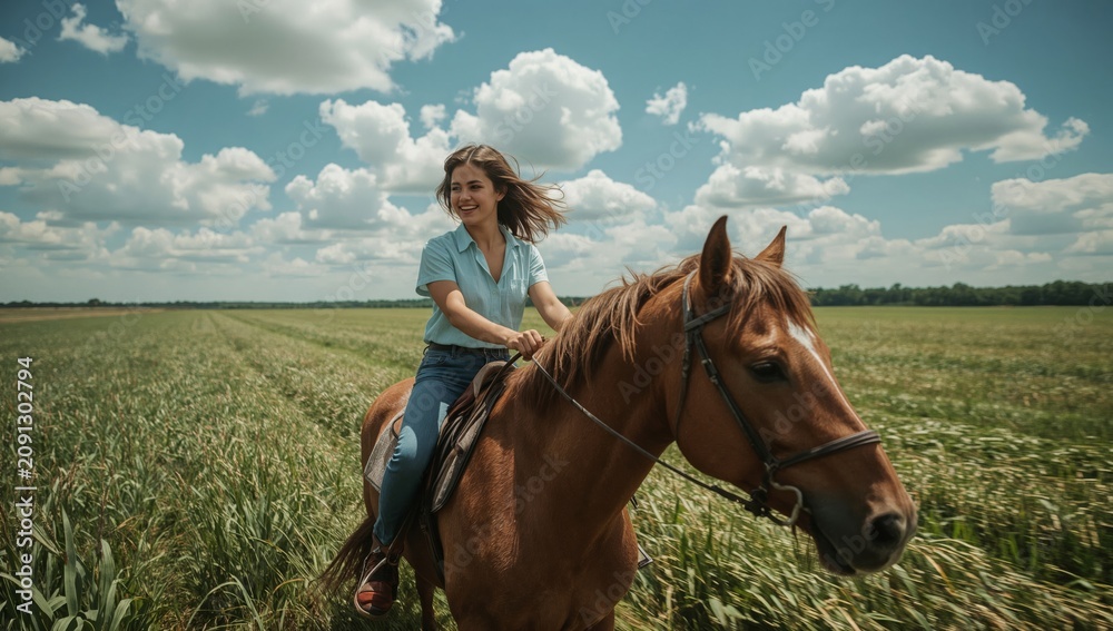 Fototapeta premium Girl Rides Horse on Sunny Day in Open Field With Clouds Overhead
