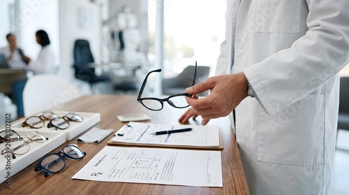 Optometrist holding eyeglasses while reviewing eye exam documents in office with optometrist optometry eyeglasses eyesight