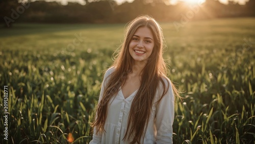 Young Woman Stands in Field at Sunset With Sunlight Shining Behind Her