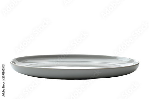 A single empty grey ceramic plate viewed from the side angle for food presentation and dining