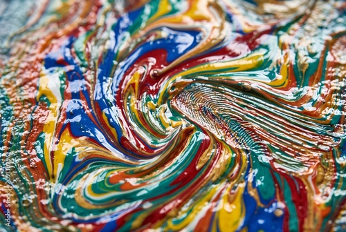Vivid macro of swirled acrylic paint with glossy impasto texture and rich rainbow colors. Dynamic abstract background for creative branding, packaging, posters, web headers, and modern design.