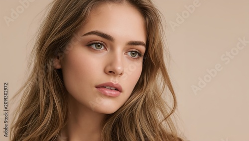 Close up of a Woman With Long Hair Posing Against a Plain Background During a...
