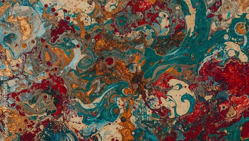 Colorful Abstract Design With Swirls and Patterns in Red, Blue, and Orange Tones