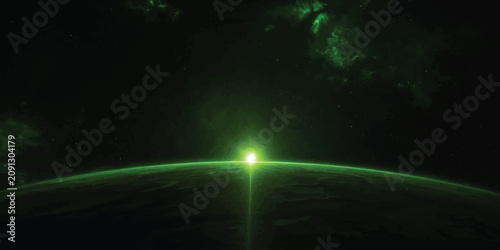 фотографія Green planet horizon with bright glowing sunrise sci fi universe astronomy explo