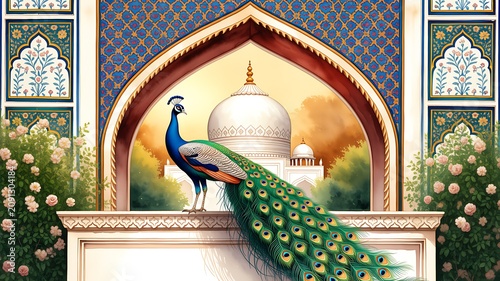 Traditional Mughal garden arch featuring a peacock and a wedding dome illustration