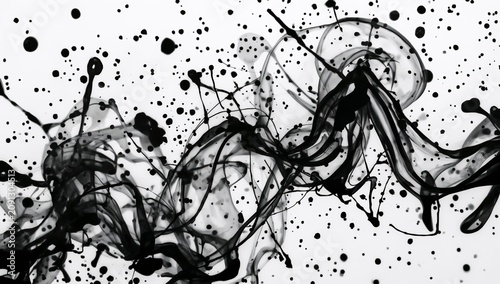 Abstract Black Ink Swirling on a White Background With Splashes and Patterns