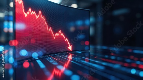 A red downward trending graph with an arrow indicates financial loss on a digital screen