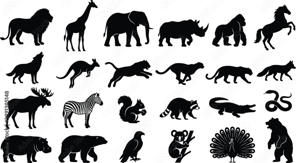 Obraz premium Animal Silhouettes Vector Set Featuring Lions, Zebras, Elephants, Birds, Cats, and Safari Creatures in Black Style