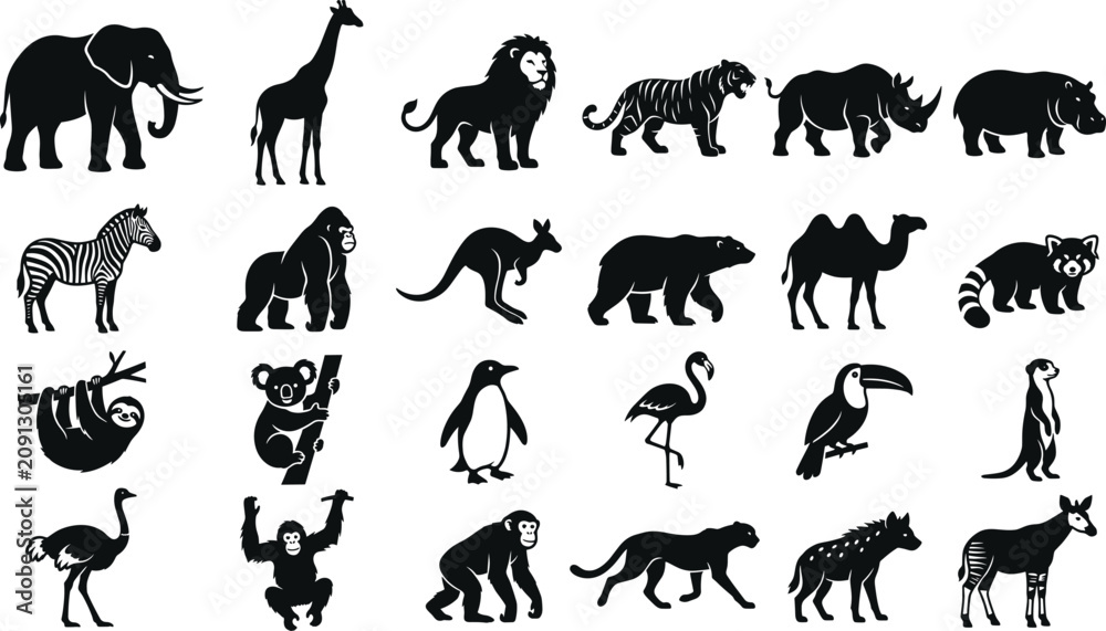 Fototapeta premium Animals Icon Set with Black Silhouettes of Wildlife Including Elephants, Lions, Zebras, Penguins, and More for Design