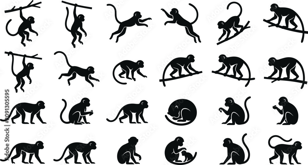 Fototapeta premium Cats Hunting and Sitting Pose Set with Black Silhouettes and Motion Lines for Playful Vector Icons Featuring Cat, Feline