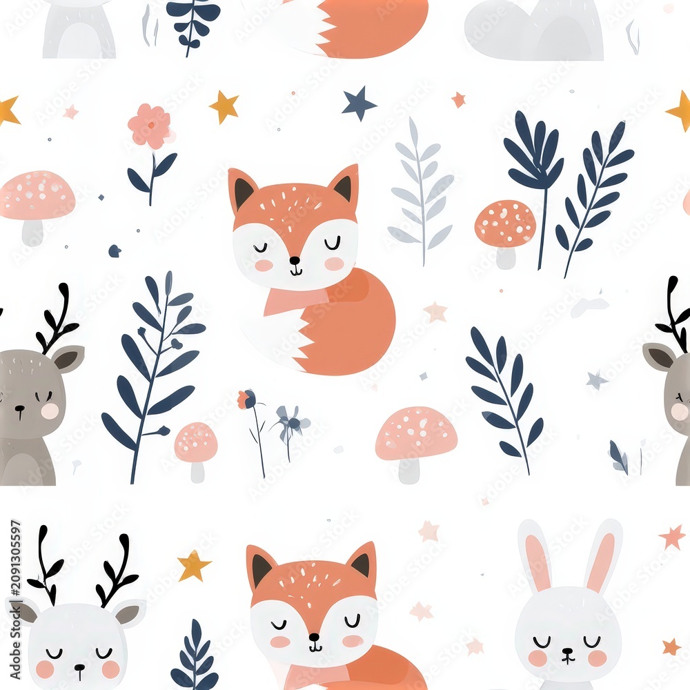 Fototapeta premium Woodland animals under starry night sky pattern, magical forest theme, whimsical nursery decor, cozy nature illustration, dreamy design.