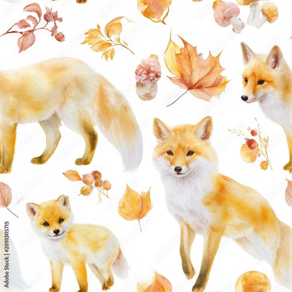 Fototapeta premium Sleeping fox family seamless pattern, cozy woodland theme, gentle wildlife decor, warm autumn mood, adorable nature illustration.
