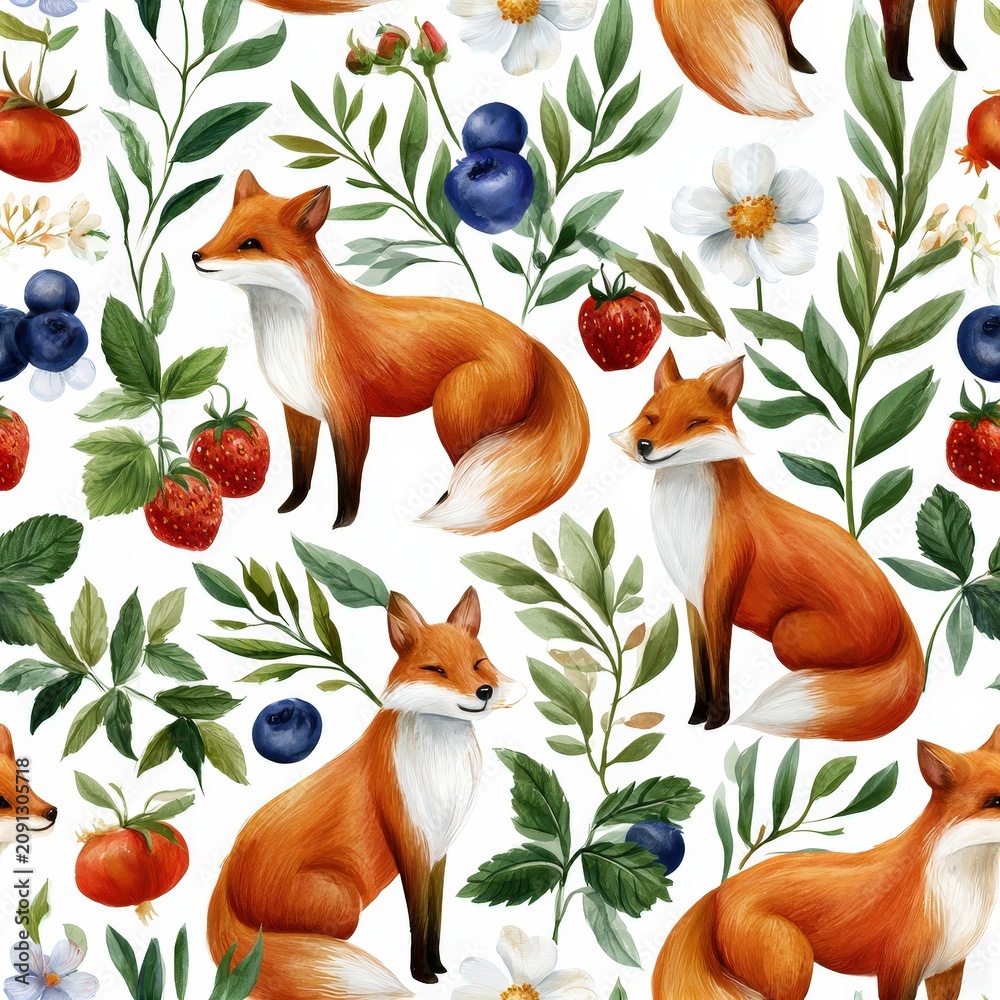 Fototapeta premium Foxes with berries and wildflowers seamless pattern, playful woodland theme, charming nature decor, whimsical illustration, cheerful design.