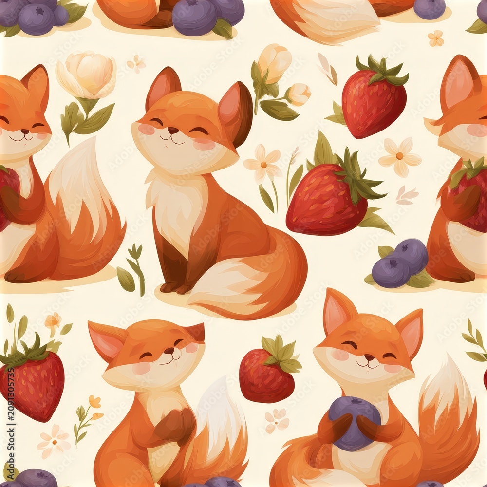 Fototapeta premium Foxes with berries and wildflowers seamless pattern, playful woodland theme, charming nature decor, whimsical illustration, cheerful design.