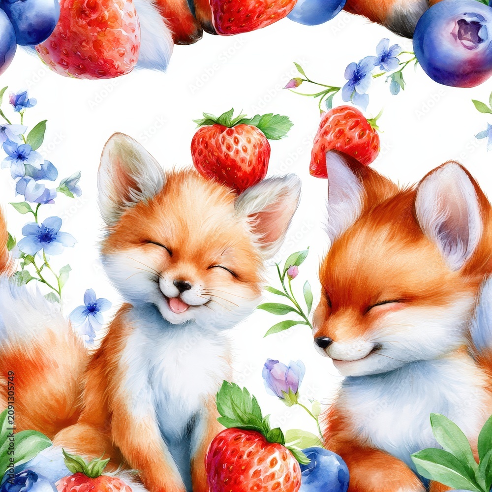 Fototapeta premium Foxes with berries and wildflowers seamless pattern, playful woodland theme, charming nature decor, whimsical illustration, cheerful design.