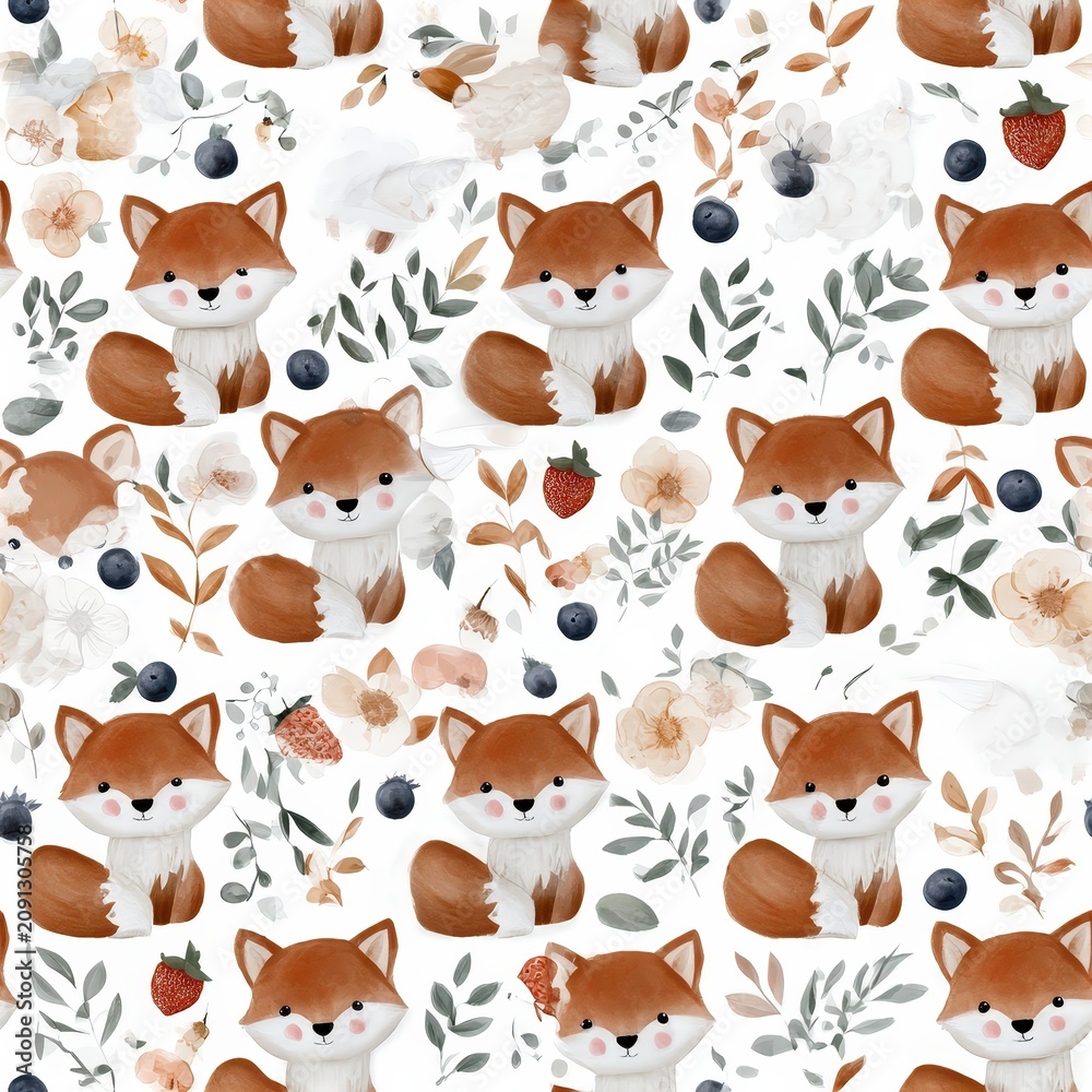 Fototapeta premium Foxes with berries and wildflowers seamless pattern, playful woodland theme, charming nature decor, whimsical illustration, cheerful design.