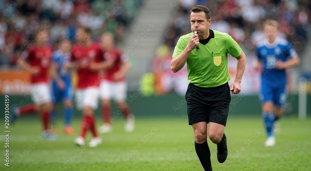 Obraz premium Football referee in green shirt running and blowing silver whistle. Blurred soccer players on grass pitch in background