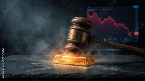 A wooden gavel strikes a gleaming gold bar with a red stock market graph in the background