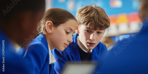 Two young students in blue blazers are looking intently at a tablet computer, engaged in a collaborative learning activity in a classroom setting