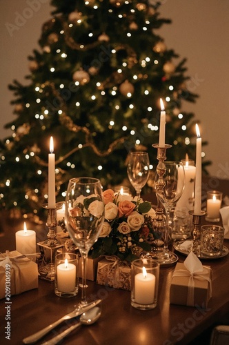 Elegant Dinner Setting With Candles and Festive Decorations During Holiday Se...
