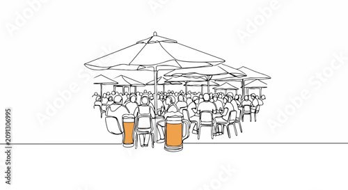 One line drawing of an outdoor beer garden. Minimalist social gathering and cafe illustration. Continuous line art of people under umbrellas with beer mugs
