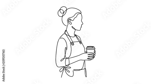Female barista holding a takeaway coffee cup. Continuous one line drawing illustration. Minimalist cafe worker graphic
