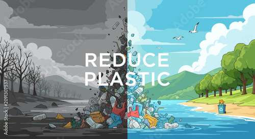 Tableau sur toile Conceptual illustration showing the contrast between environmental pollution and a clean healthy nature landscape