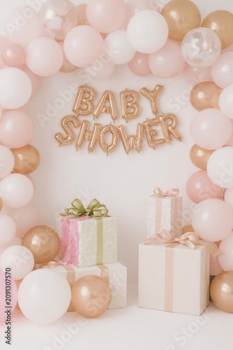 Decorations for a Baby Shower With Balloons and Gifts Arranged in a Festive S...