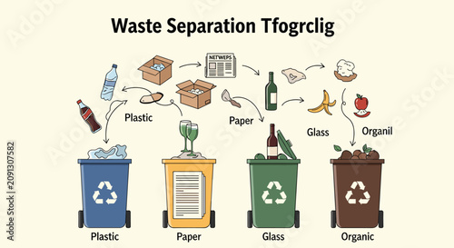 Fotografie Infographic illustration showing the process of waste separation and recycling into different colored bins