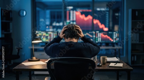 Man in dark room distressed by falling stock market graphs on multiple computer screens