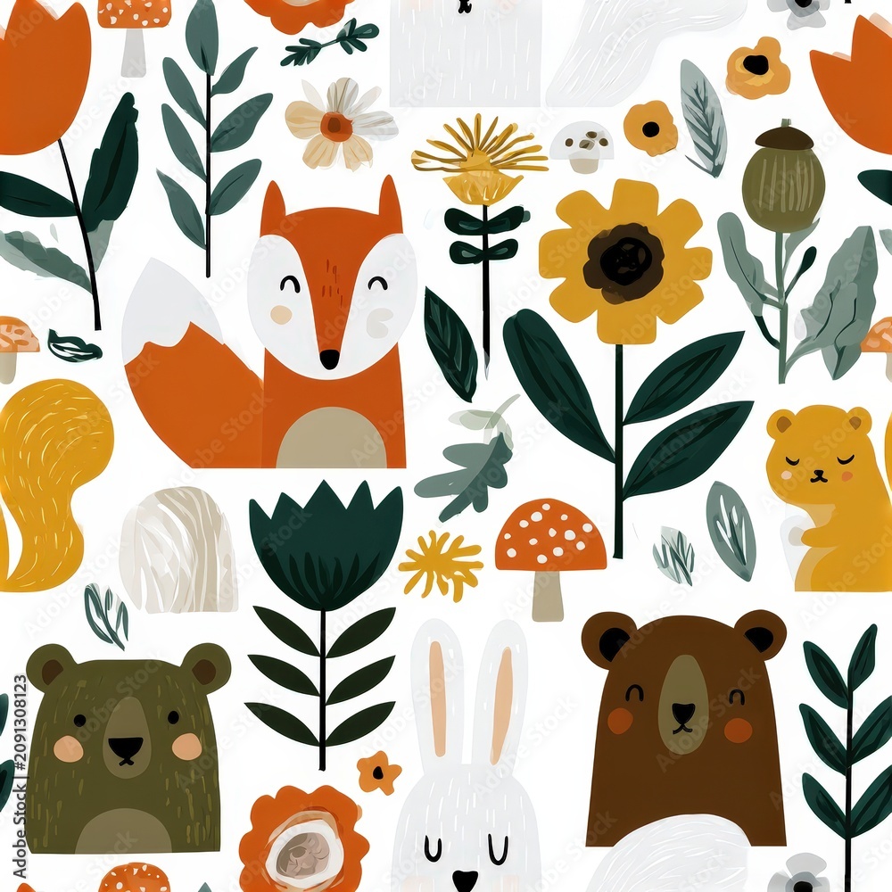 Fototapeta premium Woodland animals seamless pattern with foxes bears and rabbits, autumn forest theme, charming nursery decor, playful illustration.
