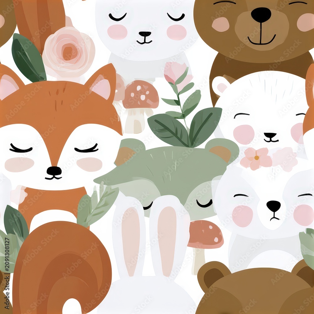 Fototapeta premium Woodland animals seamless pattern with foxes bears and rabbits, autumn forest theme, charming nursery decor, playful illustration.