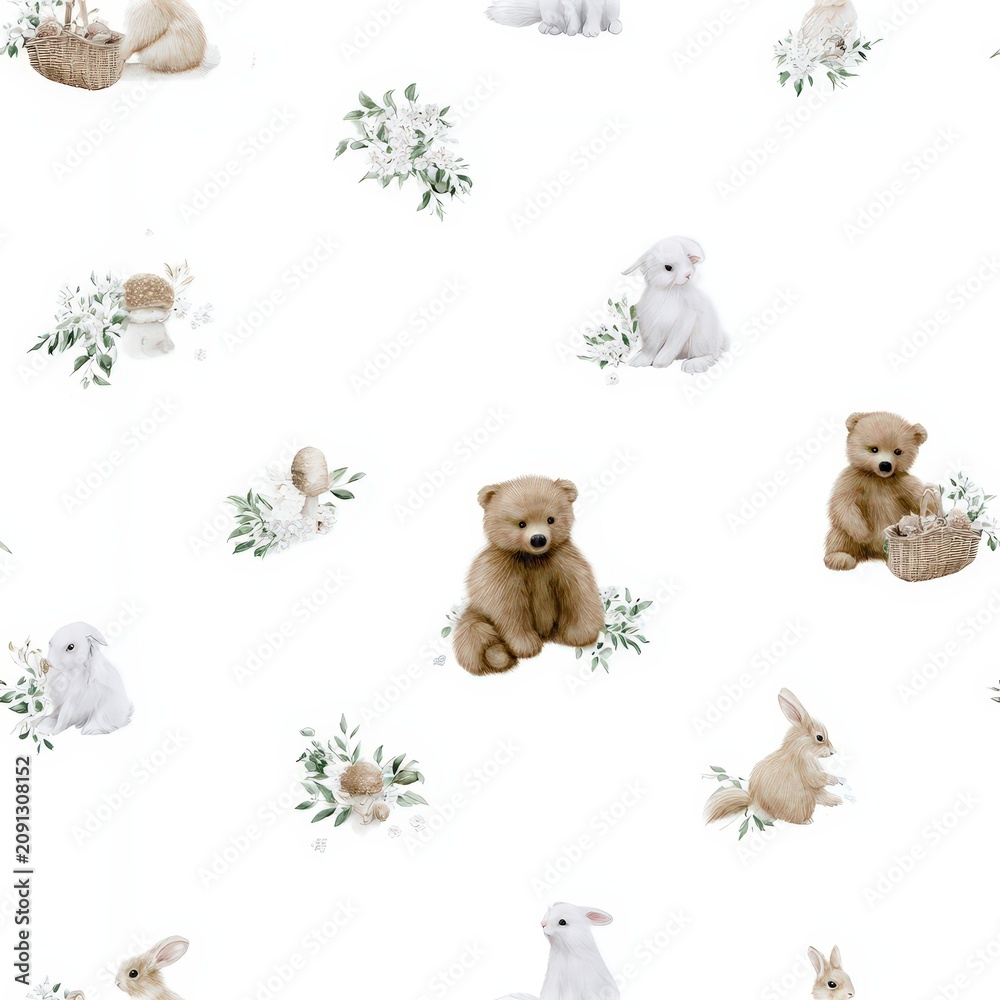 Fototapeta premium Cute fox and bear seamless pattern with flowers and mushrooms, woodland nursery theme, playful forest illustration.