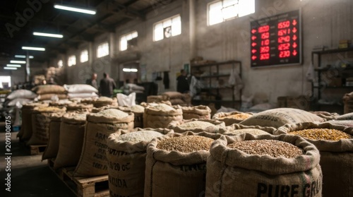 Numerous large burlap sacks filled with various grains and cereals are neatly arranged in a warehouse