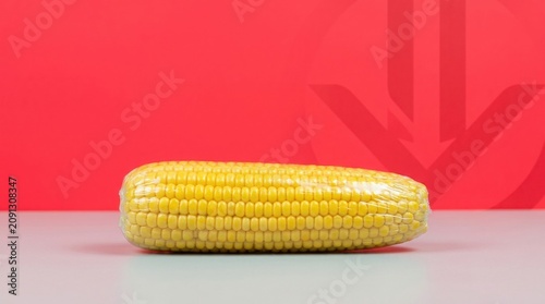 One ear of fresh yellow corn is tightly wrapped in clear plastic film maize food