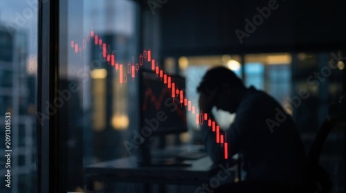 Silhouette of a person looking at a downward trending stock market graph on a computer screen