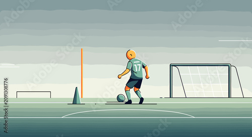 A soccer player practicing ball control skills on a training field with goal posts.