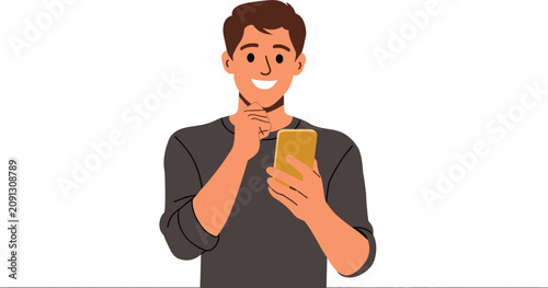 Fotografía Smiling young man looking away thoughtfully while holding a smartphone flat vect