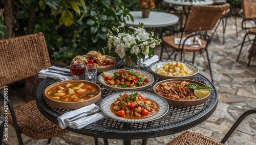 Enjoying a Meal at a Cozy Outdoor Restaurant With Diverse Dishes and Refreshi...