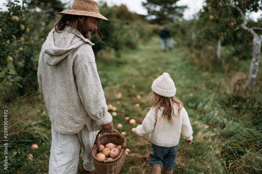 Fototapeta premium Man and child walk through an autumn orchard. The man carries a basket of apples. The child walks beside him, wearing a knit hat. They share a quiet, peaceful moment together