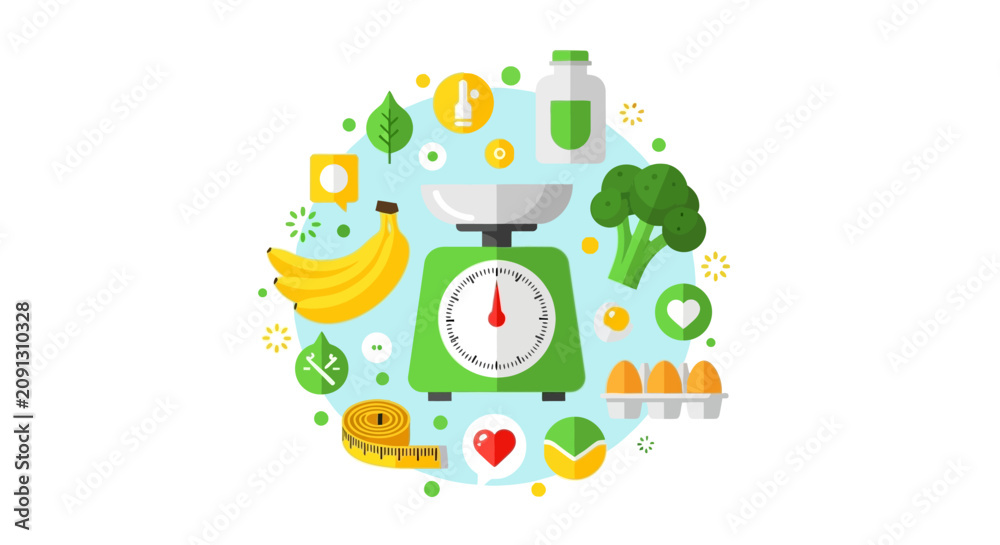 Fototapeta premium Healthy Diet and Weight Loss Concept Illustration with Kitchen Scale, Nutrition Icons, and Fresh Food